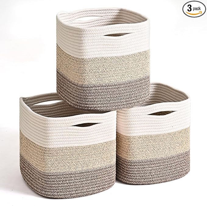 11 Inch Cube Storage Bins, Storage Cube Organizer Bins, Woven Cotton Rope Baskets for Storage, Storage Basket for Organizing Shelves, Square Baskets for Toys, Gradient Brown (Pack of 3)-CasaMuseHome