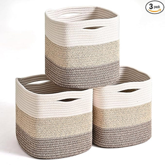 11 Inch Cube Storage Bins, Storage Cube Organizer Bins, Woven Cotton Rope Baskets for Storage, Storage Basket for Organizing Shelves, Square Baskets for Toys, Gradient Brown (Pack of 3)-CasaMuseHome