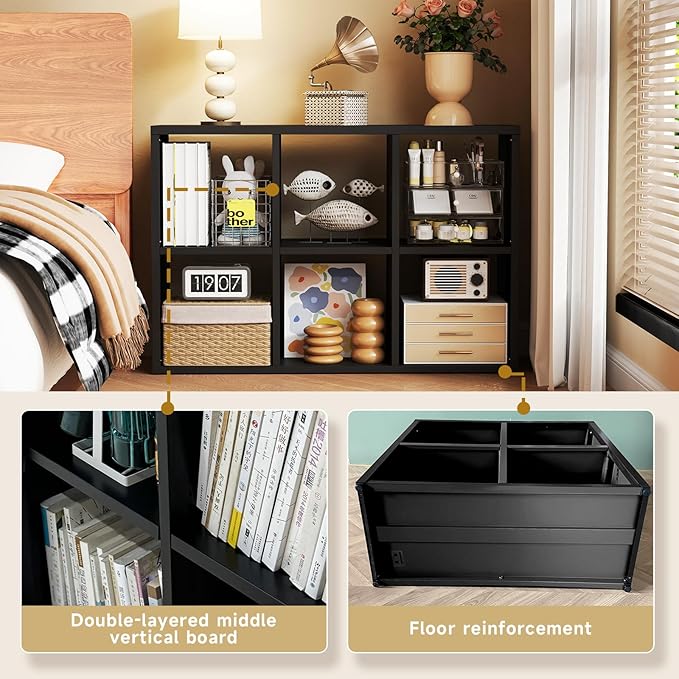 6 Cube Storage Organizer, Black Bookshelf with Storage, 2 Tier Storage Cubes, Freestanding Storage Organizer with Shelves for Living Room, Study-CasaMuseHome