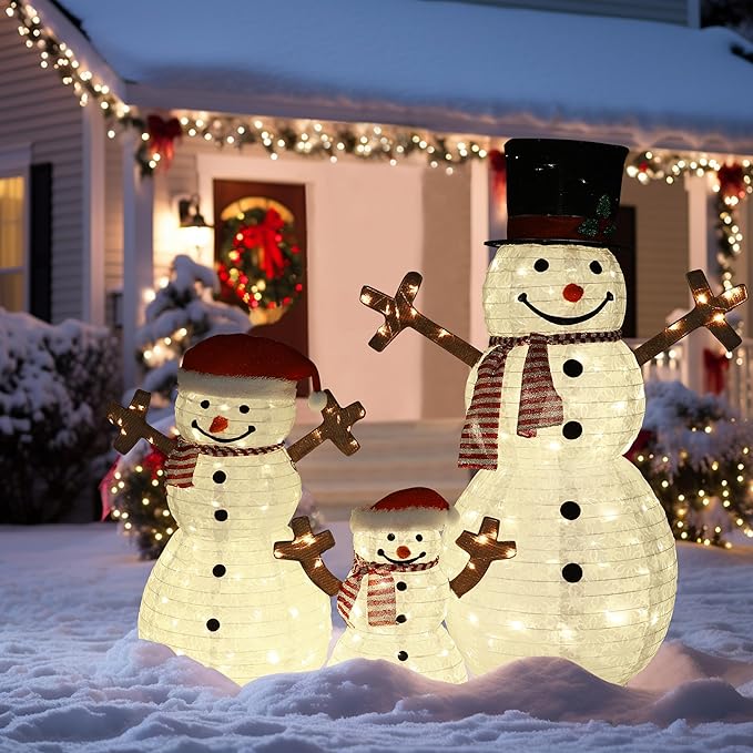 4FT Pop-Up Snowman Family, Pre-Lit Holiday Decoration Sign with 270 LED Lights, Customized Placement Holiday Display for Indoor, Outdoor-CasaMuseHome