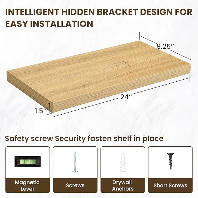 24 Inch Floating Shelves, 12 Inch Deep Floating Shelves for Wall, Floating Shelf with Invisible Brackets, Deep Shelves for Bathroom, Bedroom, Living Room, 2 Pack, Natural-CasaMuseHome
