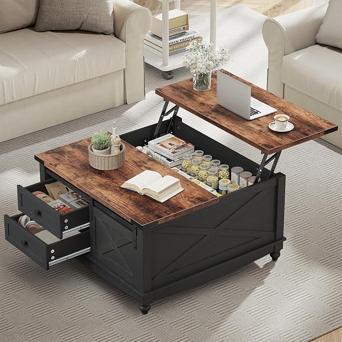 31.5" Lift Top Coffee Table with Storage, Farmhouse Coffee Tables for Living Room, Square Coffee Table with Large Hidden Storage Compartment, 2 Drawers & Removable Shelves, Black-CasaMuseHome