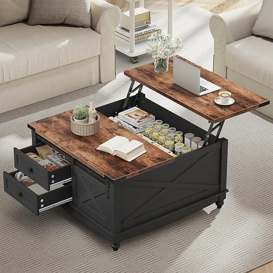31.5" Lift Top Coffee Table with Storage, Farmhouse Coffee Tables for Living Room, Square Coffee Table with Large Hidden Storage Compartment, 2 Drawers & Removable Shelves, Black-CasaMuseHome