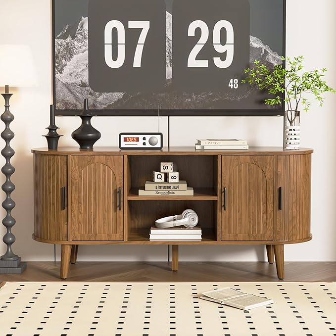 51" Fluted TV Stand, Mid-Century Modern Entertainment Center for Tvs up to 60" with Drawers and Fluted Doors, Curved TV Media Console Table with Sliding Doors for Living Room, Bedroom (51")-CasaMuseHome