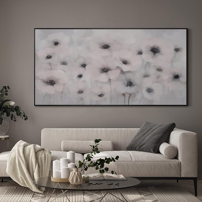 24"x46" Extra Large Framed Wall Art Soft White Poppies Watercolor Floral, Delicate Botanical for Home Living Room Bedroom Decor (Frame Assembly Required)-CasaMuseHome