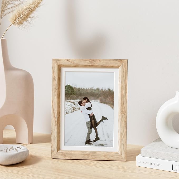 5x7 Picture Frame Natural Solid Oak Photo Frames with 4x6 Removable Mat Wall Hanging Large Handcrafted Frame with HD Plexiglass Wall and Tabletop Display Large Poster Frame-CasaMuseHome