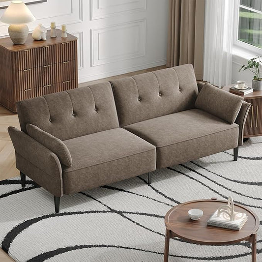 89” Futon Sofa Bed, Comfy Futon Couch Bed with 2 Square Pillows, Convertible Sleeper Sofa with Adjustable Backrest& Armrests, Modern Loveseat Sleeper for Living Room, Bedroom, Light Brown-CasaMuseHome