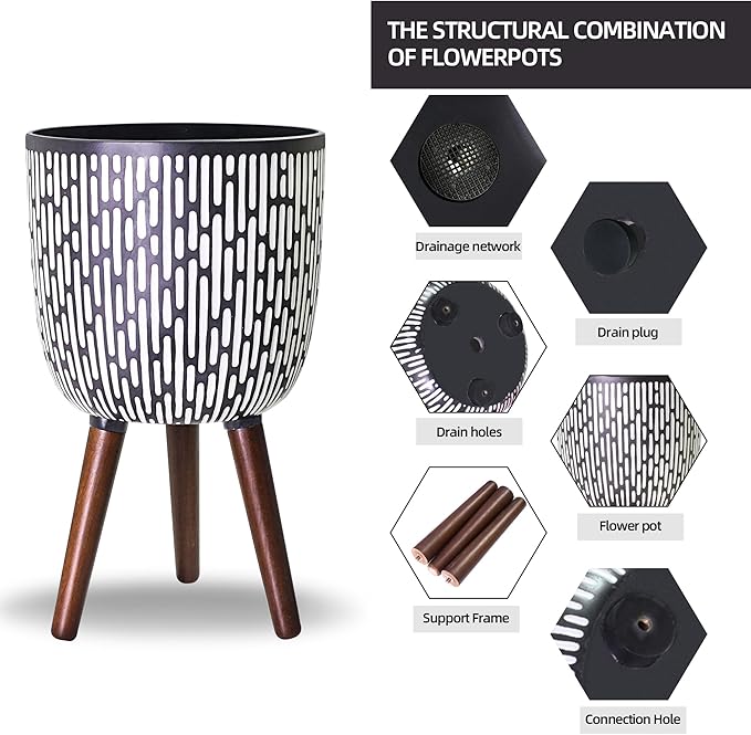 2 Set Plant Pot with Stand 10 & 12 inches, Mid-Century Large Planter with Legs for Indoor Plants, Boho Print Standing Plant Pot with Drainage Plug for Monstera, Herb, Succulent Flower Pot-CasaMuseHome