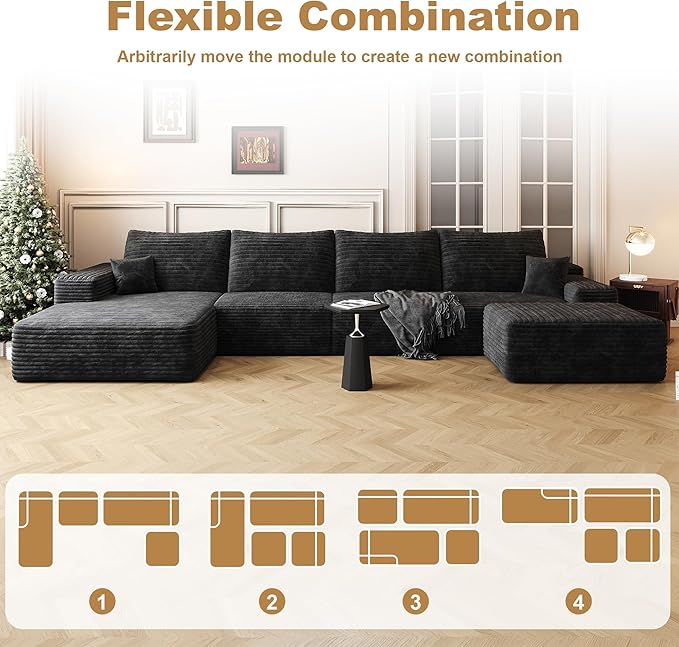 136" Sectional Couches for Living Room Modern Modular Sofa with L-Shape Couchs Upholstered Boneless Couch Deep Seat Sectional Couch with Chaise (Black, Left Facing Chaise+3Seaters+Ottoman)-CasaMuseHome