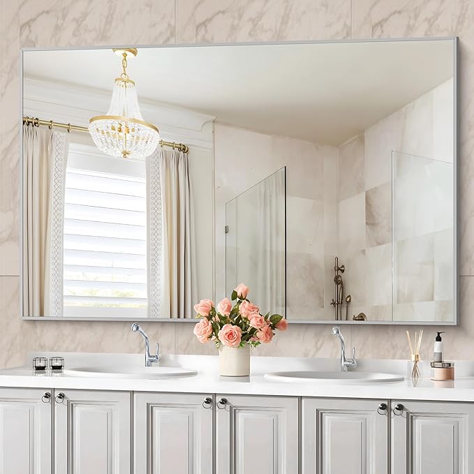 36x55 inch Bathroom Mirror, Silver Rectangle Mirror with Thin Metal Frame, Large Rectangular Wall Mirrors for Bathroom, Living Room, Big Mirror Hang Horizontal/Vertical-CasaMuseHome
