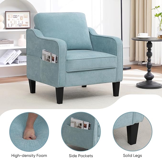 Accent Chairs Set of 2, Upholstered Living Room Chairs with Side Pockets, Mid Century Modern Reading Chair for Bedroom, Comfy Armchair Single Sofa Side Chair for Office, Small Room, Teal Green-CasaMuseHome