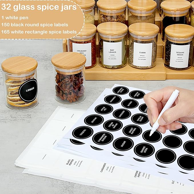 4OZ Glass Spice Jars with Bamboo Lids and 315 Labels, 20 Pcs Clear Food Storage Containers for Kitchen Sugar Salt Coffee Tea Beans-CasaMuseHome