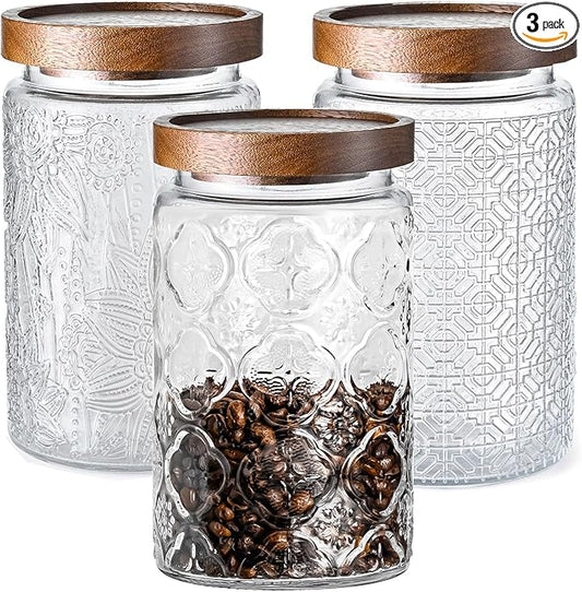3-Pack 32oz Glass Jar With Airtight Lid,Kitchen Canisters For Countertop,Coffee Sugar Container Set,Pantry Glass Storage Containers For Flour,Candy,Loose Tea,Snack jar-CasaMuseHome