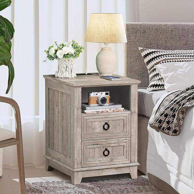 18" Farmhouse Night Stand with Charging Station, 2 Drawers End Table Dresser for Bedroom, Oak Wooden Nightstand, Bed Side Table with Open Shelf, Bedside Cabinet for Living Room, Closet-CasaMuseHome