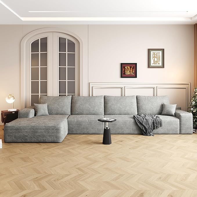 136" Sectional Couches for Living Room Modern Modular Sofa with L-Shape Couchs Upholstered Boneless Couch Deep Seat Sectional Couch with Chaise (Grey, Left Facing Chaise+3Seaters)-CasaMuseHome