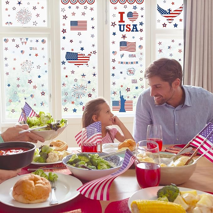 158 Pcs 4th of July Window Clings, 9 Sheets Patriotic Window Clings Decals, Watercolor Double-Sided American Flag Stars Firework Window Stickers for Independence Day Parade Veterans Memorial Day Decor-CasaMuseHome