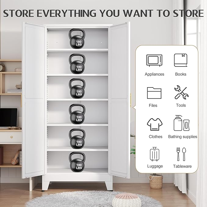 75.2" Tall Pantry Cabinet, Kitchen Pantry Storage Cabinets with 2 Door and 5 Adjustable Shelves, White Metal Pantry Storage Cabinet, Cupboard for Kitchen, Dining Room, Living Room and Bathroom-CasaMuseHome