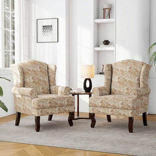 Accent Chair, High Back Upholstered Armchair with High Resilience Sponge & Wood Legs, Mid-Century Modern Comfy Single Sofa Reading Chairs for Living Room, Bedroom (Floral Sand, Set of 2)-CasaMuseHome