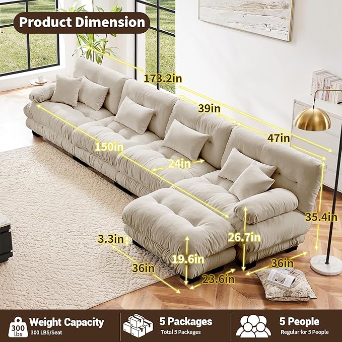 L Shaped Couch Sectional Couch, 4-Seater Cloud Couch Sectional Oversized Couch, Sofa Bed Couch with Round Bolster Armrests 6 Pillows, Modular Couch Home Sofa Living Room Couch-CasaMuseHome