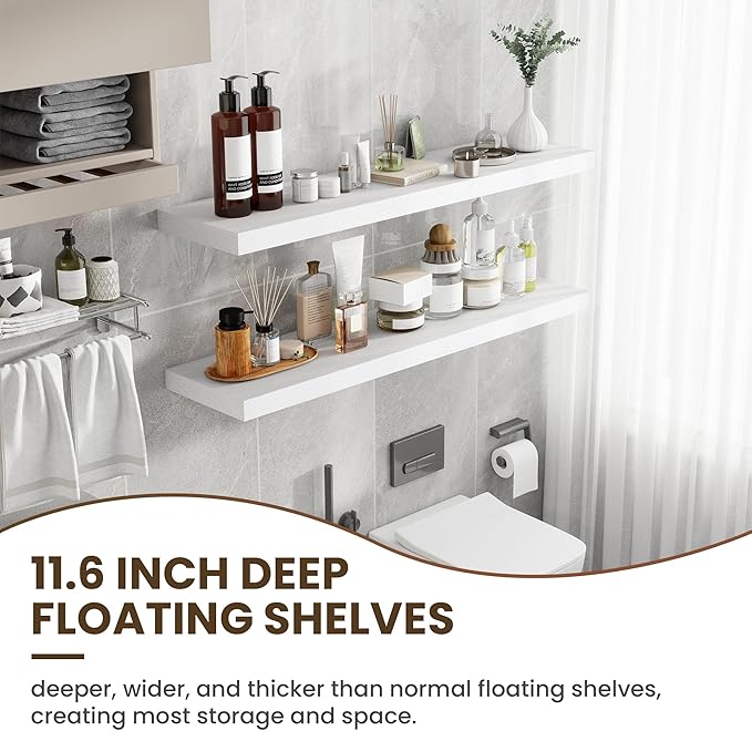 48 Inch Floating Shelves, 12 Inch Deep Floating Shelves for Wall, Floating Shelf with Invisible Brackets, Deep Wall Shelves for Bathroom, Bedroom, Living Room, 1 Pack, White-CasaMuseHome