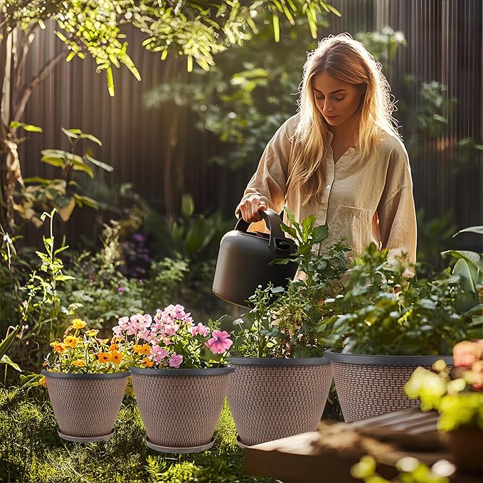 4 Pack 8 inch Plant Pot, Plastic Pots for Plants Indoor, Round Planters for Outdoor Plants with Drainage Holes & Trays, Decorative Flower Pots Garden Containers Sets for Houseplants (Black Copper)-CasaMuseHome