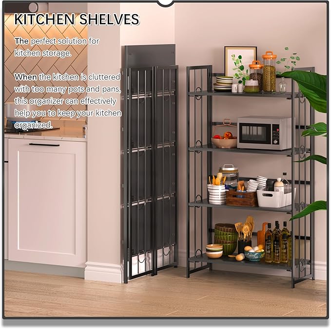 4NM No Assembly 4 Tiers Folding Bookshelf, 47.2" H Foldable Storage Shelves Vintage Bookcase Standing Racks Study Organizer Home Office - All Black-CasaMuseHome