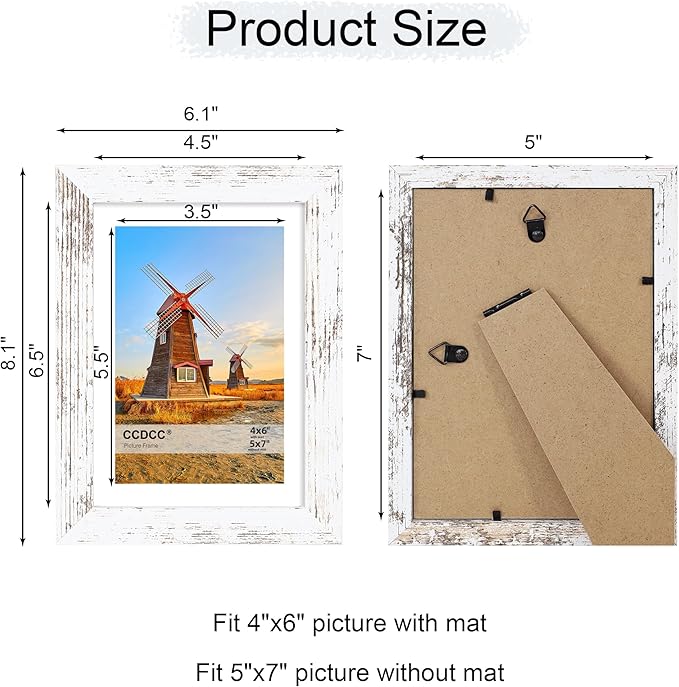 5x7 Picture Frame Set of 4, 5 x 7 Wood Photo Frames with Mat for 4x6, Rustic Natural Wooden Frame with Real Glass Cover for Wall and Tabletop Display,Distressed White-CasaMuseHome