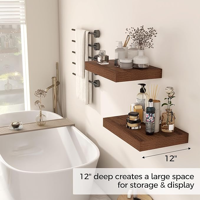 12 Inch Deep Floating Shelves, 16 x 12 Floating Shelf for Books, Rustic Wood Deep Wall Shelves for Home Storage & Display, 2" Thicked Shelves for Kitchen, Living Room, Bedroom, Walnut Color, 2 Pack-CasaMuseHome