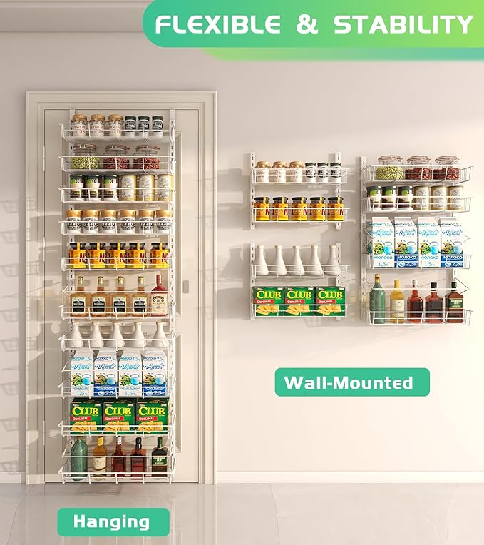 White 10-Tier Over The Door Pantry Organizer, Pantry Organization and Storage, Metal Hanging Adjustable Basket, Wall Spice Rack Seasoning Shelves, Home & Kitchen Essentials-CasaMuseHome