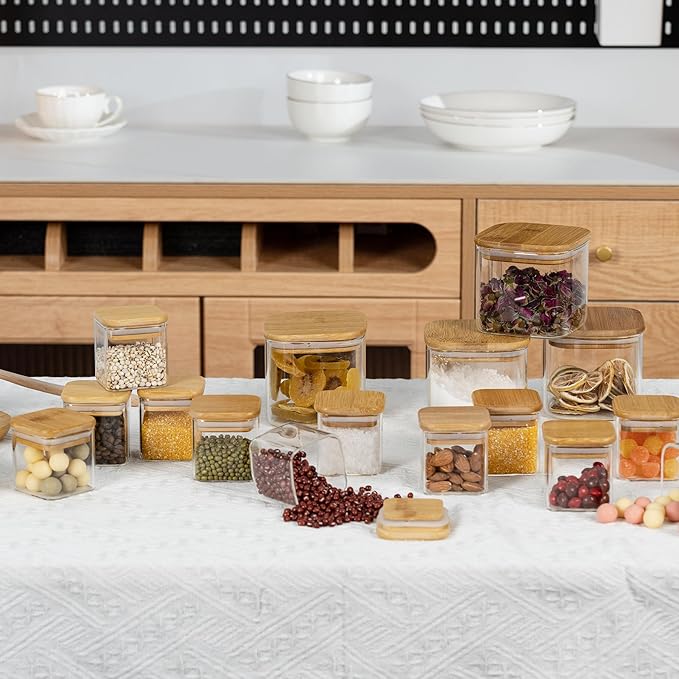 5oz Airtight Square Spice Containers with Bamboo Lid Set of 12 with Black Lables Storage Stackable Spice Jar, Kitchen Canister for Sugar, Tea, Flour, Salt and Seasonings (‎Clear Glass)-CasaMuseHome