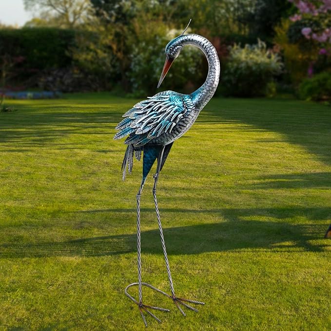 37 Inch Blue Heron Crane Statue, Metal Yard Art Outdoor Decoy, Garden Sculpture for Lawn/Pond Decoration, 1Pc, ORTBL-CR24053A-18-CasaMuseHome