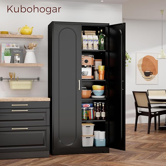 71" Tall Metal Pantry Cabinet with 4 Adjustable Shelves and Gold Handles Heavy-Duty Steel Storage for Kitchen, Dining Room or Office-CasaMuseHome