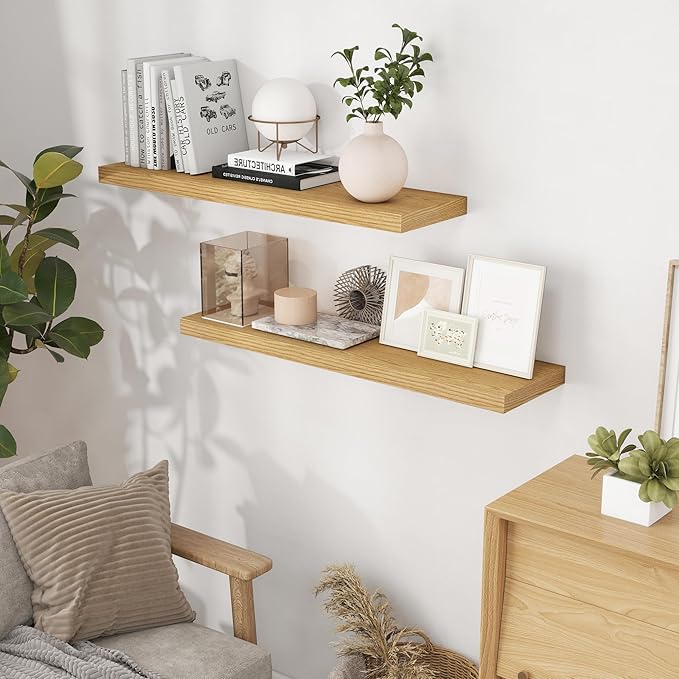 40 Inch Floating Shelvese, 40" W x 9" D Floating Shelf Set of 2, Farmhouse Wood Wall Shelves for Bedroom, Kitchen, Wall Mounted Deep Shelving for Home Decor, Oak Color-CasaMuseHome