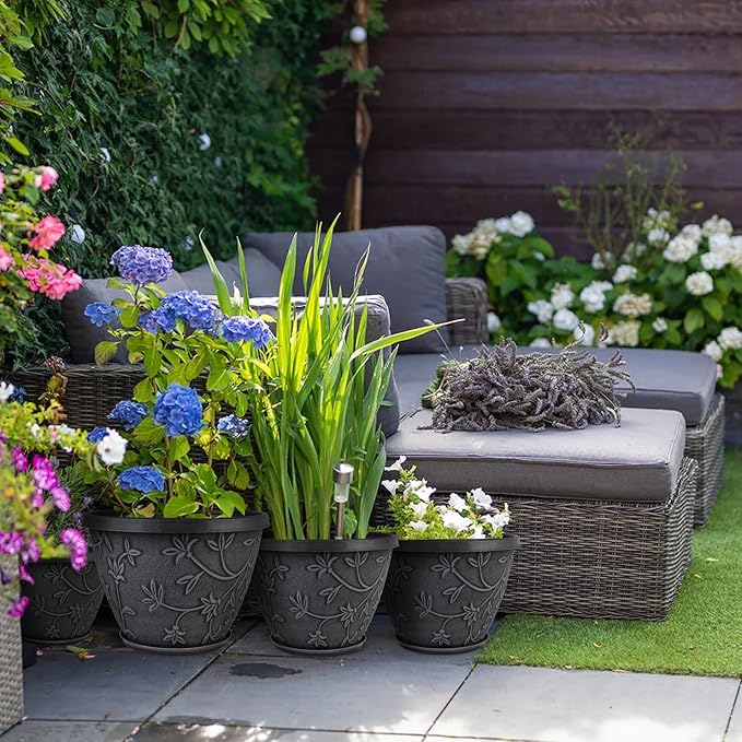 4 Pack 10 Inch Plant Pot for Outdoor Indoor, Plastic Flower Pots with Drainage Hole & Saucer, Lightweight Small Resin Flower Pot, Imitation Magnolia Planter Pots for Garden House（Gray）-CasaMuseHome