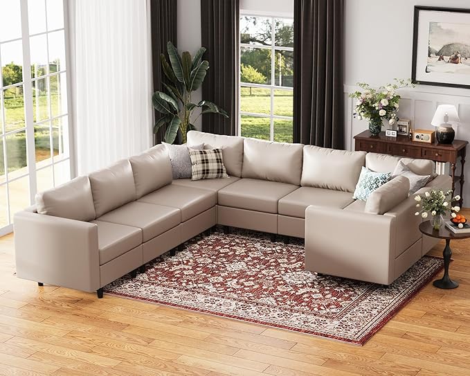 118.5" Faux Leather Modular Sectional Sofa, U Shaped Couch Set for Living Room, Large 8-Seater Comfy Cloud Couches with Storage Seat DIY Combination - Whitesand-CasaMuseHome