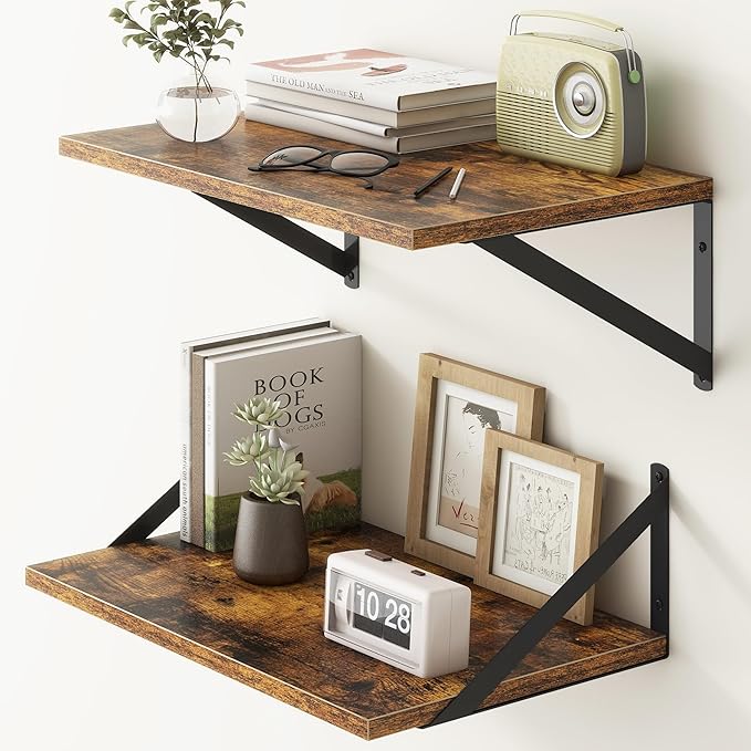18"W x12"D Floating Shelves, Farmhouse Wall Shelves Home Decor Shelf, Deep Bathroom Shelf with Bracket, 12 Inch Deep Wall Shelves for Living Room, Kitchen, Bedroom, Rustic Brown, Set of 2-CasaMuseHome