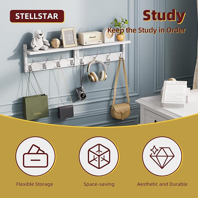 2 Pack Coat Rack Wall Mount, Bamboo Coat Hook with Storage Shelf, Coat Hanger with 8 Dual Hooks, Wall Floating Shelf for Entryway Hallway Kitchen, Bathroom, Bedroom (White+Slive)-CasaMuseHome