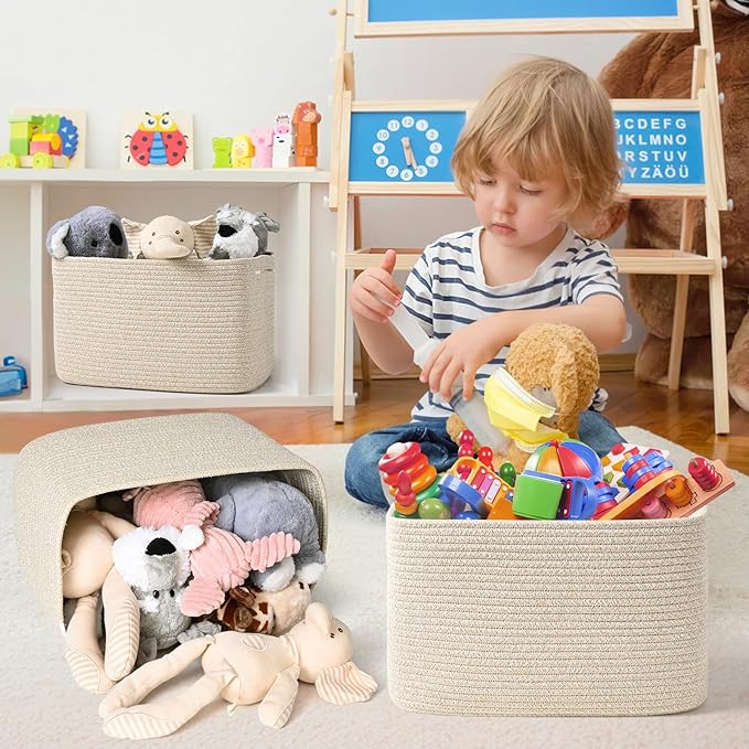 3-Pack Shelf Baskets for Organizing, Woven Storage Basket for Shelves, Cotton Rope Storage Bins for Toys Books, Nursery Towel Baskets for Classroom, 14.96"X9.8"X8.85", Brown-CasaMuseHome