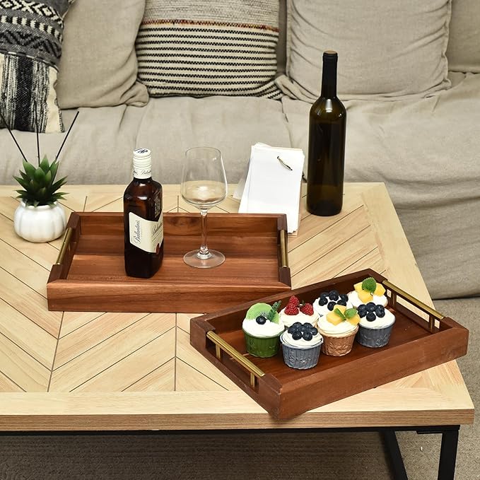 Set of 2 Acacia Wood Serving Trays with Gold Metal Handles for Food Serving, Appetizers & Snacks - Ideal for Bed, TV, Ottoman or Coffee Table Décor, Home Decoration Accessory 15.75x11.8 Inch-CasaMuseHome