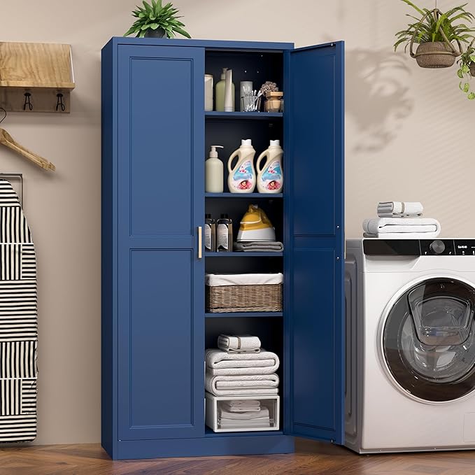 71" Metal Pantry Cabinet, Tall Kitchen Pantry Storage Cabinet with 4 Adjustable Shelves and Gold Handles, Blue Cupboard for Kitchen, Dining Room, Living Room-CasaMuseHome