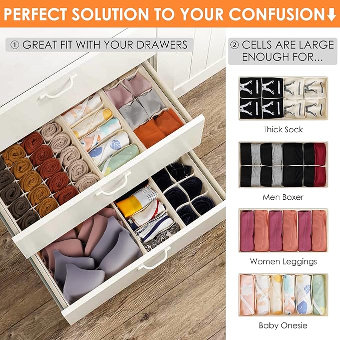 6 Pack Sock Underwear Drawer Organizer Dividers, 58 Cell Foldable Fabric Dresser Closet Organizers and Storage Bins for Clothing, Baby Clothes, Bra, Panty, Scarf, Ties (Beige)-CasaMuseHome