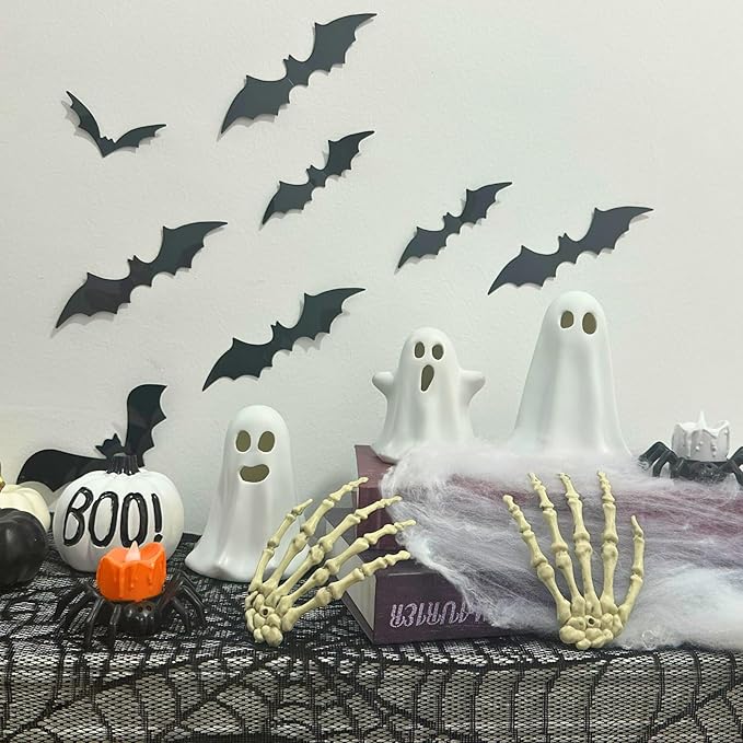 3 Pack Halloween Ceramic Ghost Decor, Light Up Ghost Halloween Decor, Cute Ghost Figurines for Table Tray Fireplace Home Indoor Decoration-CasaMuseHome