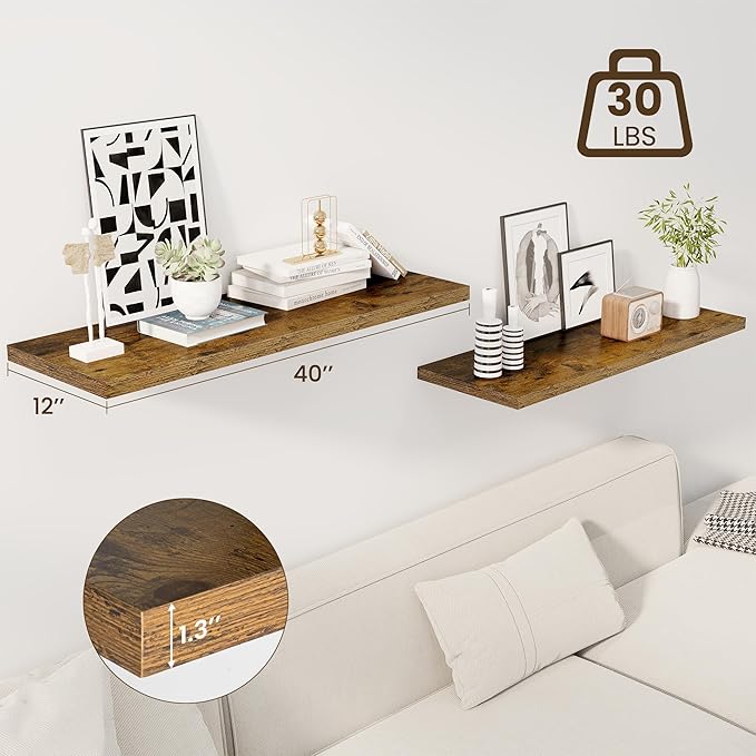 40" Floating Shelves for Wall, 12" Deep Slim Rustic Brown Floating Shelves, Wall-Mounted Shelves for Bedroom, Living Room, Kitchen, Bathroom - Set of 2-CasaMuseHome
