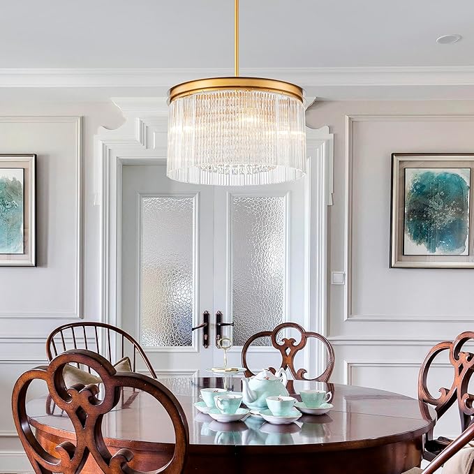 4-Lights Drum Glass Chandelier, Modern Style Light Fixture for Dining Room, Bedroom, Ripple Glass Shade & Brass Finish, D16.5 * H18~48 inch (Adjustable Height)-CasaMuseHome