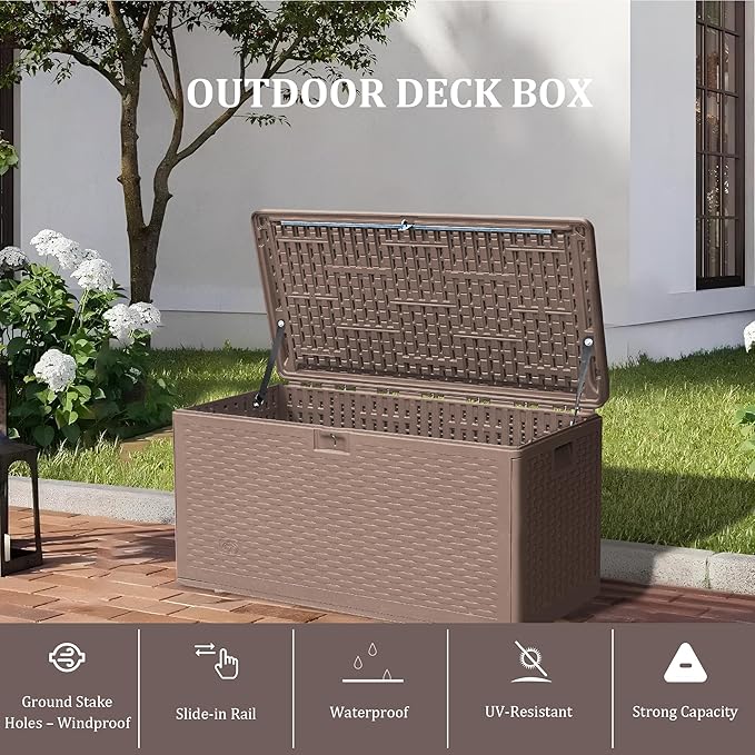73 Gallon Pro Outdoor Storage Box Waterproof Lockable Resin Deck Box Large, Patio Storage Bin for Pool Accessories Cushion Furniture, Garden Tools, UV-Resistant Outside Delivery Brown-CasaMuseHome