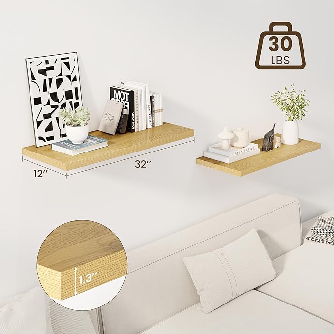 32" Floating Shelves for Wall, 12" Deep Slim Oak Floating Shelves, Wall-Mounted Shelves for Bedroom, Living Room, Kitchen, Bathroom - Set of 2-CasaMuseHome