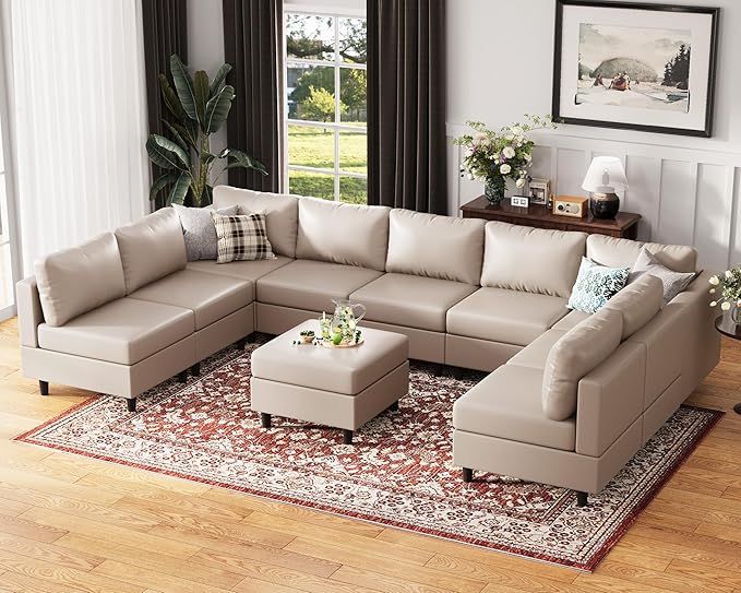 ABCASA Oversized 145.5" Faux Leather Modular Sectional Sofa, Modern Large 10 Seater U Shaped Couch with Storage Seat with Reversible Chaise Deep Seat for Living Room DIY Combination - Whitesand-CasaMuseHome
