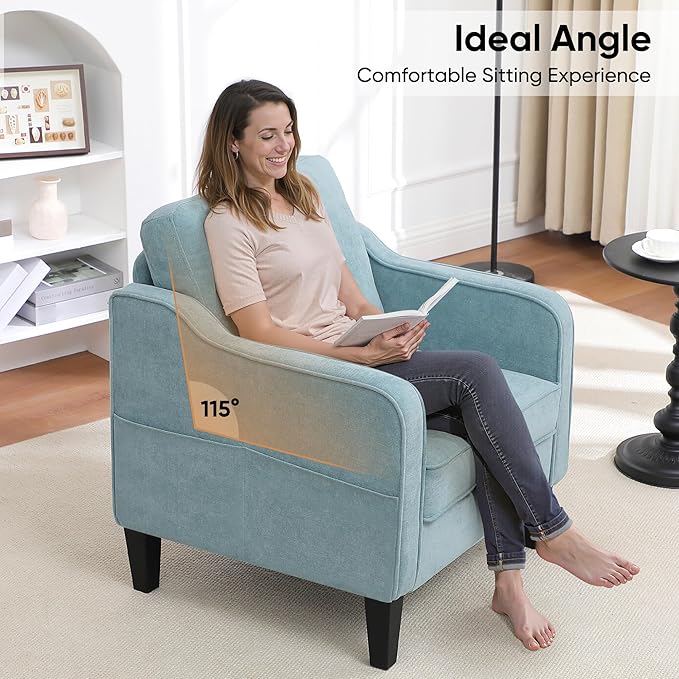 Accent Chairs Set of 2, Upholstered Living Room Chairs with Side Pockets, Mid Century Modern Reading Chair for Bedroom, Comfy Armchair Single Sofa Side Chair for Office, Small Room, Teal Green-CasaMuseHome