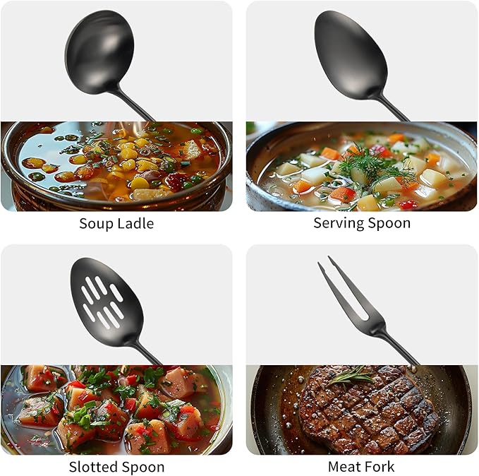 304 Stainlss Steel Matte Kitchen Utensils Set, 11 Pcs Long Metal Cooking Utensil Gadgets Tools Set with Spatula, Ladle, Spoon, Ladle, Skimmer, Tunner, Pasta Server, Tongs(Black, Dishwasher Safe)-CasaMuseHome