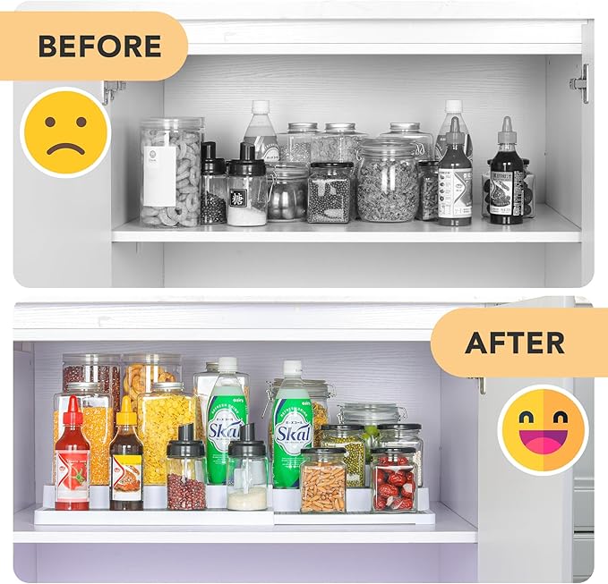 3 Tier Expandable Spice Rack Organizer, Plastic Spice Rack, Adjustable Length 14.6In-25.8In, Non-Skid Tiered Spice Shelf Organizer for Kitchen Cabinet, Cupboard, Pantry, White/Grey-CasaMuseHome